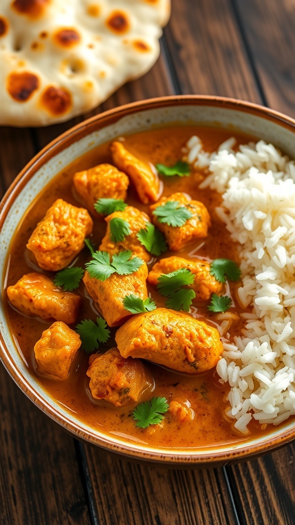 A bowl of chicken curry with rice and naan, garnished with cilantro, on a rustic wooden table.